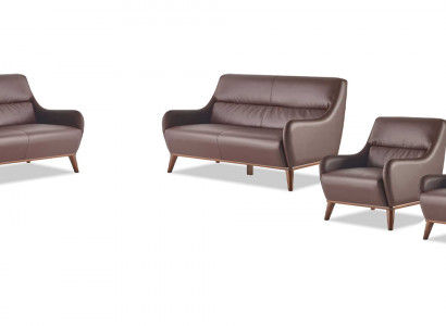 Sitzmöbel Komplett-Set 2-Sitzer Sessel Braun Leder Klassisch Leder Holz