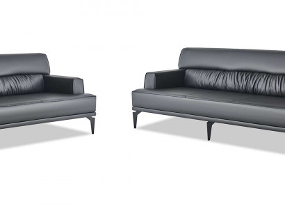 Sofa-Set Modern 3-Sitzer 2-Sitzer Schwarz Sofas Leder Edelstahl Holz