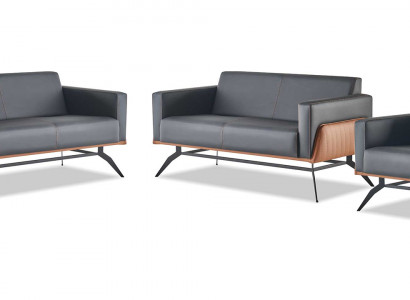 Ledersofas Set Komplett Leder Holz Schwarz Braun 2-Sitzer Sessel Modern