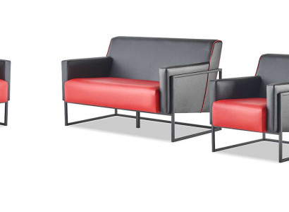 Sofagarnituren Set Schwarz Rot Sofas 2-Sitzer Sessel Lehnsessel Leder