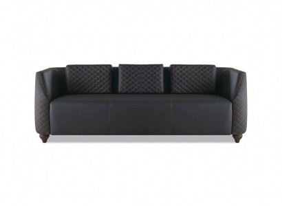 Ledersofa 3-Sitzer Schwarz Holz Modern Design Kissen Polster Leder Couch