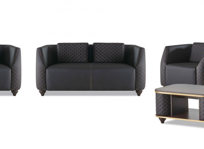 Sofa-Set 2-Sitzer Sessel Couchtisch Schwarz Braun Polster Leder Kissen