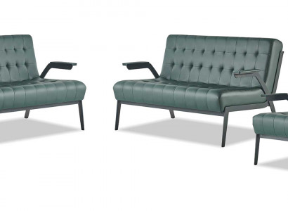 Sofa-Set 2-Sitzer Sessel Grün Edelstahl Modern Leder Chesterfield Holz