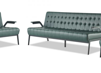 Komplett-Set Grün 3-Sitzer 2-Sitzer Sessel Modern Chesterfield Leder
