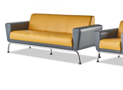 Sofa-Set 3-Sitzer 2-Sitzer Sessel Gelb Grau Edelstahl Leder Holz Modern
