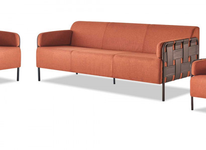 Komplett Sofas 3-Sitzer 2x Sessel Orange Couch Leder Textil Edelstahl