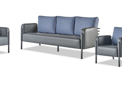 Komplett Sitzmöbel Set 3-Sitzer 2-Sitzer Sessel Grau Blau Leder Polster