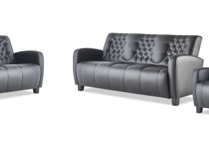 Komplett 3-Sitzer 2-Sitzer Sessel Schwarz Chesterfield Ledersofa-Set Sofas