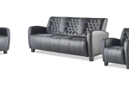 Sofas Schwaz Komplett-Set 3-Sitzer 2-Sitzer Sessel Leder Knöpfe Couch
