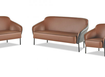 Sofa-Set Braun Schwarz Sofagarnitur 2-Sitzer Sessel Leder Edelstahl Holz