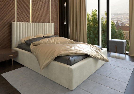 Bett Beige Doppelbett Holz Modern Elegantes Bett Polster Stoff Schlafzimmer Neu