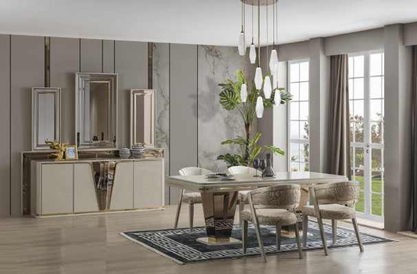 Luxus Essgruppe Esszimmer Esstisch Garnitur Stühle Essecke Beige 6tlg