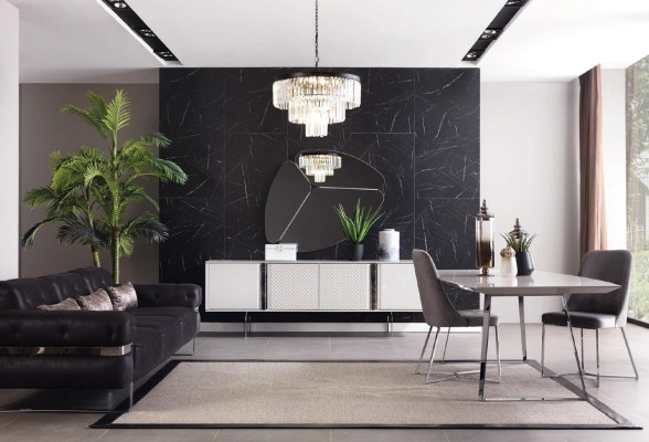 Esszimmer Gruppe Set Tisch 4x Stühle Anrichte Spiegel 7tlg. Grau Essgarnitur