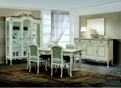 Luxus Esszimmer Set Garnitur 7tlg Weiß Holz Möbel Kommode 4x Stuhl Tisch Vitrine