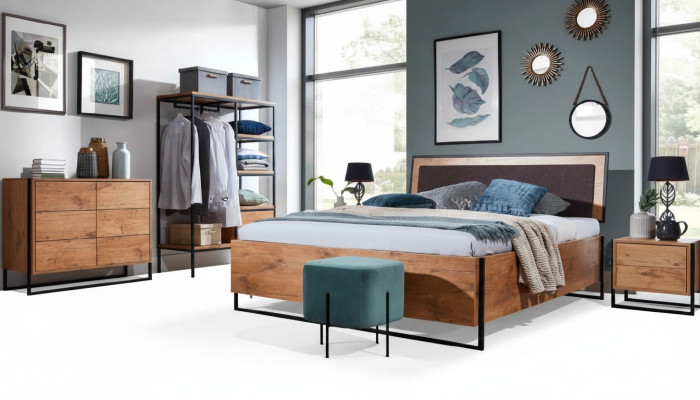 5 tlg. Komplett Set Holz Schlafzimmer Loft Stil Design Bett Kommode Schrank