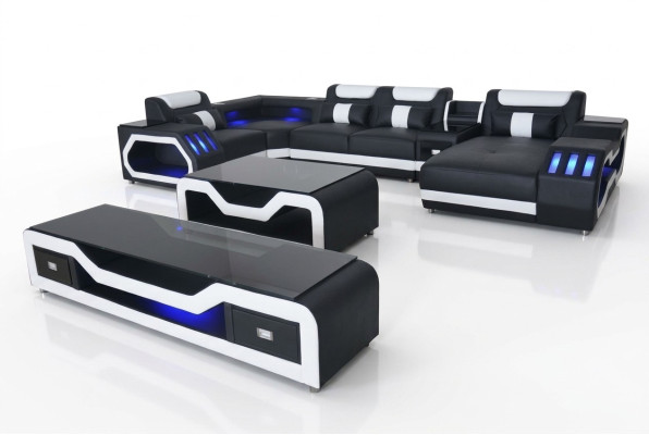 Leder Sofas Eck Garnitur Design Sofa Wohnlandschaft + Couch Tisch + RTV G8046