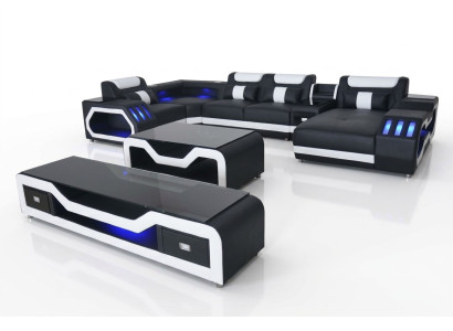 Leder Sofas Eck Garnitur Design Sofa Wohnlandschaft + Couch Tisch + RTV G8046