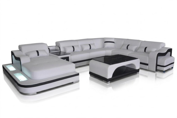 Leder Couch Polster Sitz Wohnlandschaft Design Modern Eck Garnitur U Form + Tisch