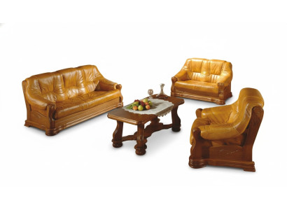 Sofagarnitur Holz Leder 3+2+1 Komplettes Set Klassik Sitz Polster Couchgarnitur