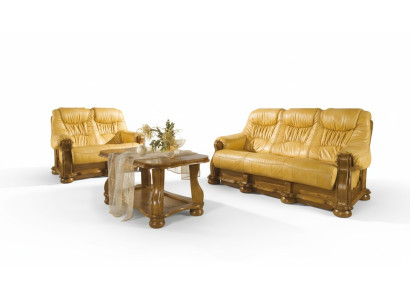 Landhaus Ledersofas Polster Garnitur Holzgestell 3+1+1 Sofagarnitur Couch