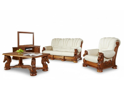 Klassische Sofagarnitur Couch Polster Sitz Garnitur Sofa Leder Holz 3+2+1 Set
