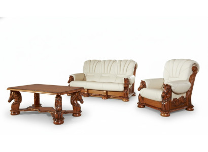 Klassische Sofagarnitur Couch Polster Sitz Garnitur Sofa Leder Holz 3+1+1 Set
