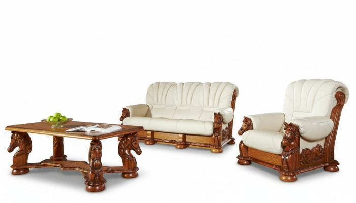 Klassische Sofagarnitur Couch Polster Garnitur Sitz Sofa Leder Holz 3+2+2 Set