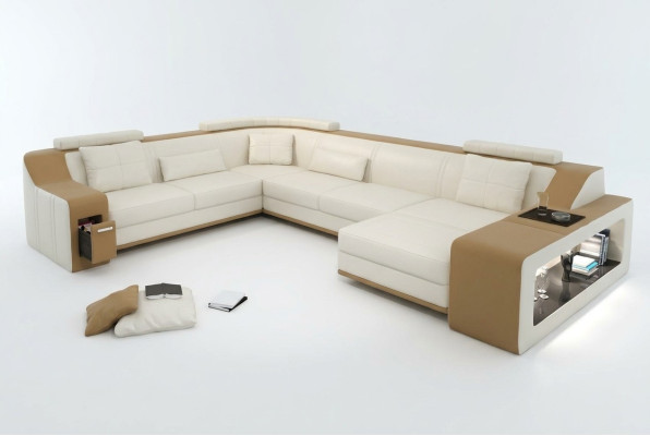 Moderne Sitzecke Ecksofa Sofa Polster Couch Leder Eckgarnitur Wohnlandschaft USB