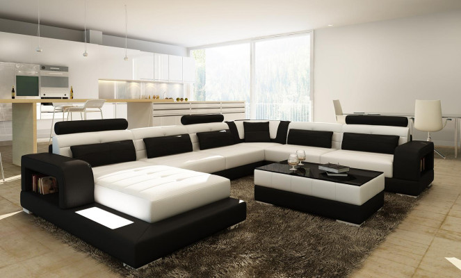 XXL Big Wohnlandschaft Sofa mit USB Polster Leder Sofa Garnitur Couchen Licht