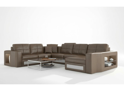 Design Wohnlandschaft Ledersofa Ecksofa Eckcouch Polster Sofa Ecke USB + LED