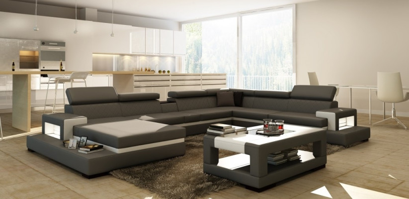 Ledersofa mit USB,Sofa Ecksofa U Form Couch Wohnlandschaft Designer Sitz Ecke