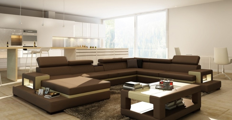 Ledersofa mit USB,Sofa Ecksofa U Form Couch Wohnlandschaft Designer Sitz Ecke