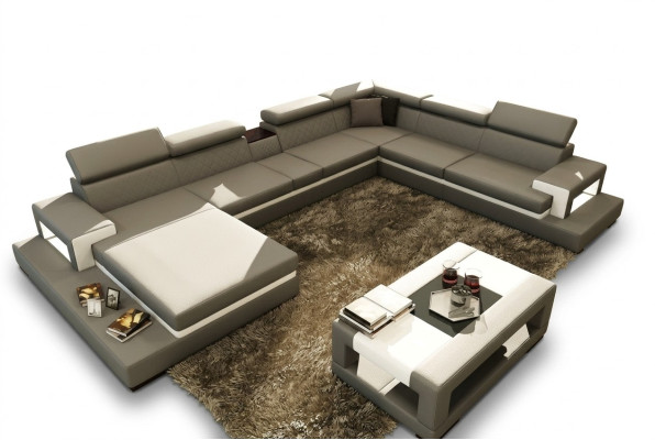 Ledersofa mit USB,Sofa Ecksofa U Form Couch Wohnlandschaft Designer Sitz Ecke