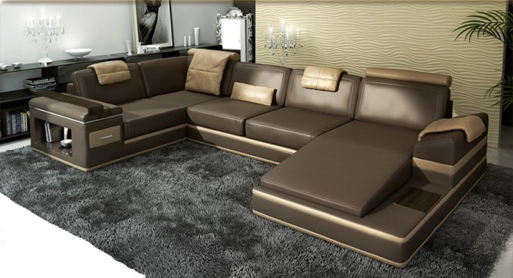 Ecksofa Sofa USB + LED Wohnlandschaft U Form Polster Couch Ledersofa Stoff Leder