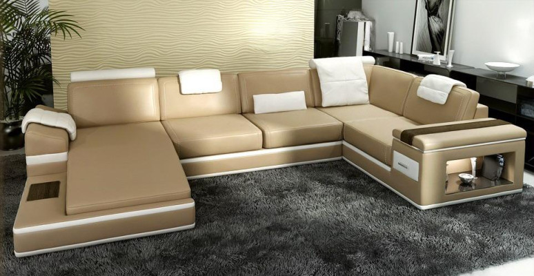 Ecksofa Sofa USB + LED Wohnlandschaft U Form Polster Couch Ledersofa Stoff Leder