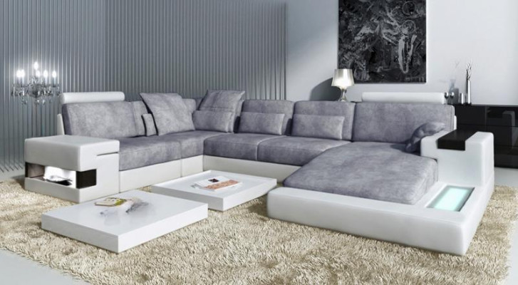XXL Ecksofa U Form Ledersofa Sofa Polster Couch Leder Textil USB Wohnlandschaft