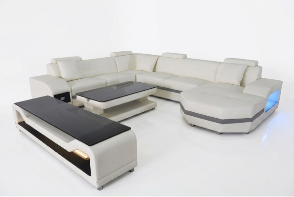 Leder Sofa Couch Polster Eck Sitz Garnitur Wohnlandschaft U Form couchen +USB