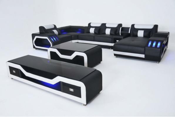 Leder Sofas Eck Garnitur Design Sofa Wohnlandschaft + Couch Tisch + RTV USB Neu