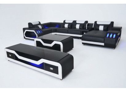 Leder Sofas Eck Garnitur Design Sofa Wohnlandschaft + Couch Tisch + RTV USB Neu