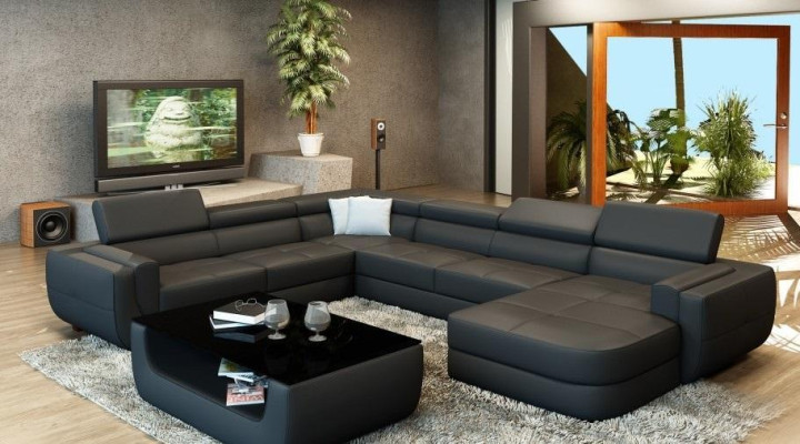 Polster Ledersofa Sofa + USB Wohnlandschaft U Form XXL Big Orange Couch Ecksofa
