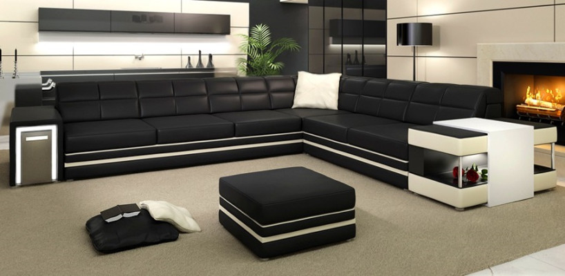 Ecksofa Sofa USB Polster Leder Wohnlandschaft Ecke Garnitur LForm Ledersofa 3026