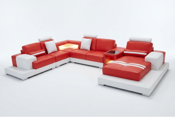 Ledersofa Couch Wohnlandschaft Garnitur Design Modern Sofa U-Form mit USB Licht