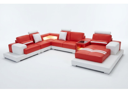 Ledersofa Couch Wohnlandschaft Garnitur Design Modern Sofa U-Form mit USB Licht