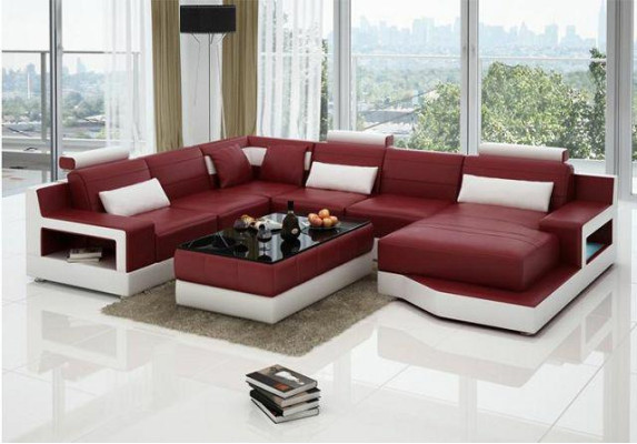 Ledersofa Ecksofa + USB Garnitur Wohnlandschaft Polster U Form Couch Sofa Design