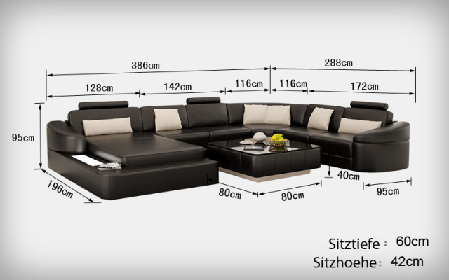 Luxus Ledersofa Polster Moderne Sitz Garnitur Eckcouch Wohnlandschaft LED USB