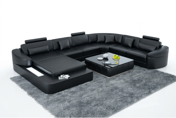 Luxus Ledersofa Polster Moderne Sitz Garnitur Eckcouch Wohnlandschaft LED USB