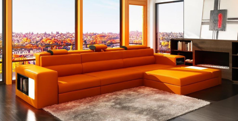 Designsofa Sofa Couch USB Polster Ecksofa Garnitur Wohnlandschaft Ledersofa LED