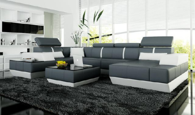 Ledersofa + USB Wohnlandschaft Sofa Ecksofa Eck Ledercouch Poster Ecke Couch Neu