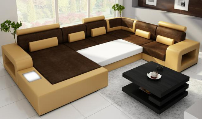 Wohnlandschaft Sofa mit USB Sofagarnitur Stoff Textil Leder Sofa mit Beleuchtung