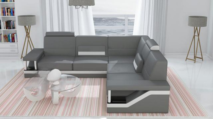 Ledersofa Eckcouch Sofa + USB Poster Eckgarnitur Sofas Stoff Leder Garnitur Neu